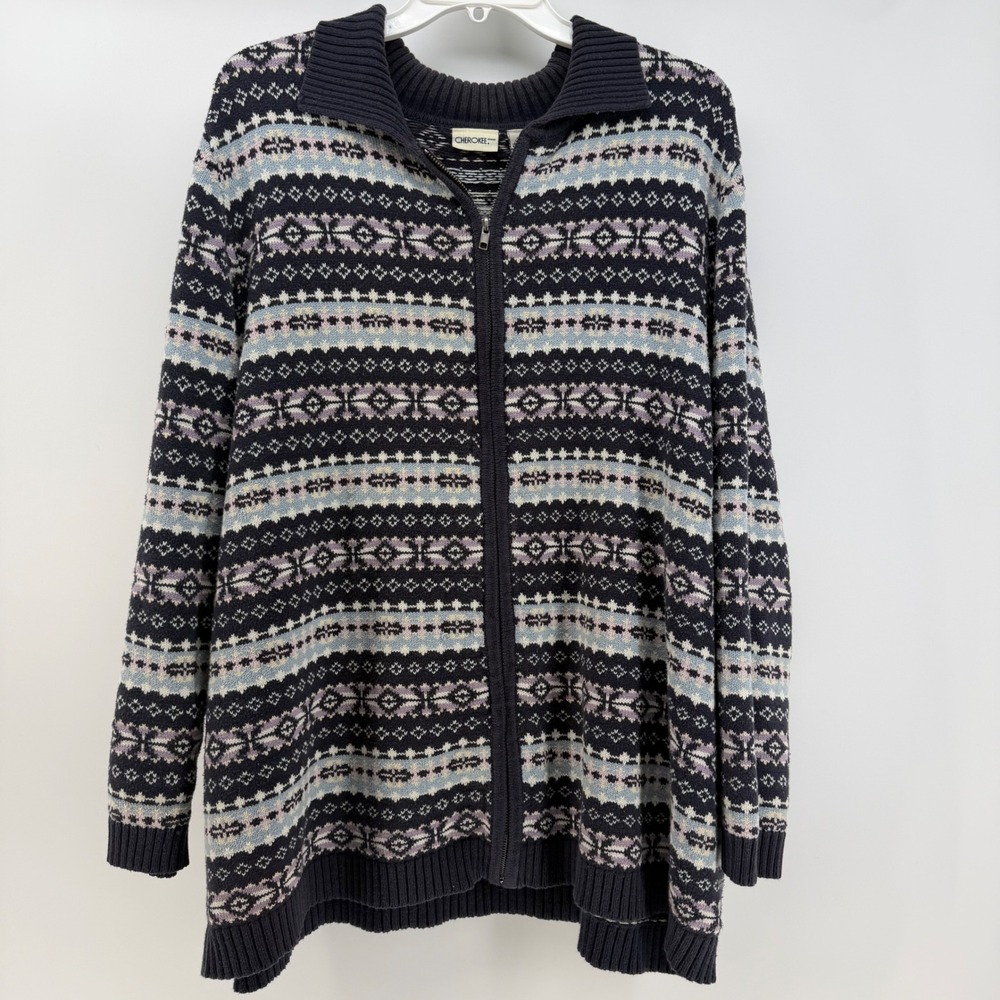 VTG Cherokee Cardigan Sweater Women 3X Navy Fair Isle Full Zip Knit 26 28 Nordic